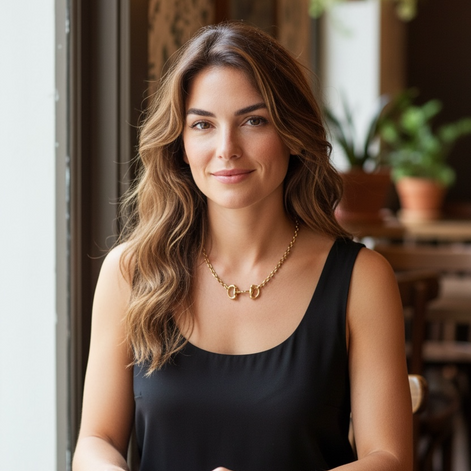 Woman sitting at a table wearing the snaffle bit necklace with a cup of coffee and a pastry in a cozy cafe.