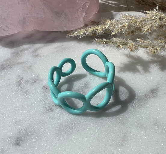 Mint green blue colored enamel ring with small circle cut outs adjustable in size