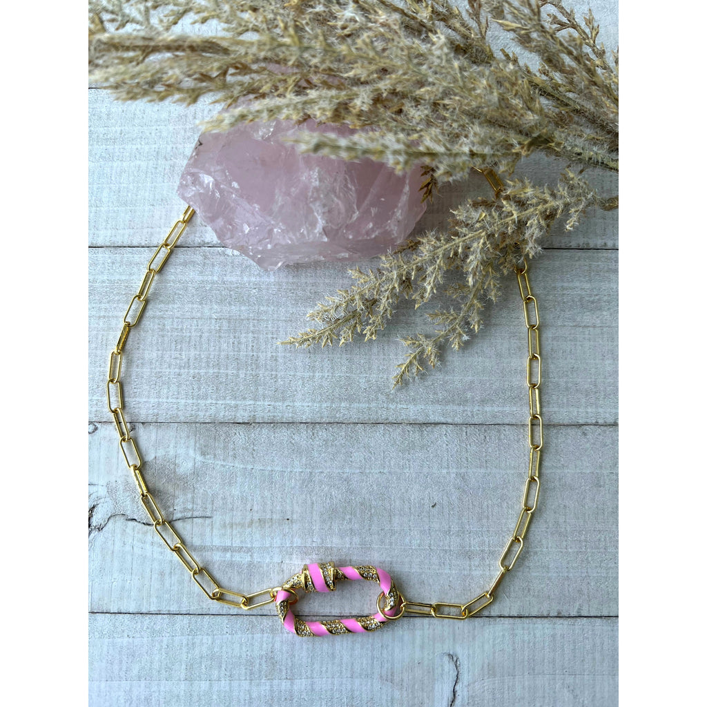 Pink/Gold stripe carabiner clasp 14k gold plated stainless paperclip chain necklace