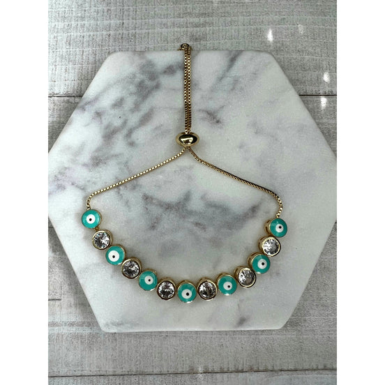 Teal Gold Evil Eye Adjustable 14k gold plated bracelet