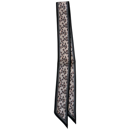 Beige leopard print scarf with black border on a white background