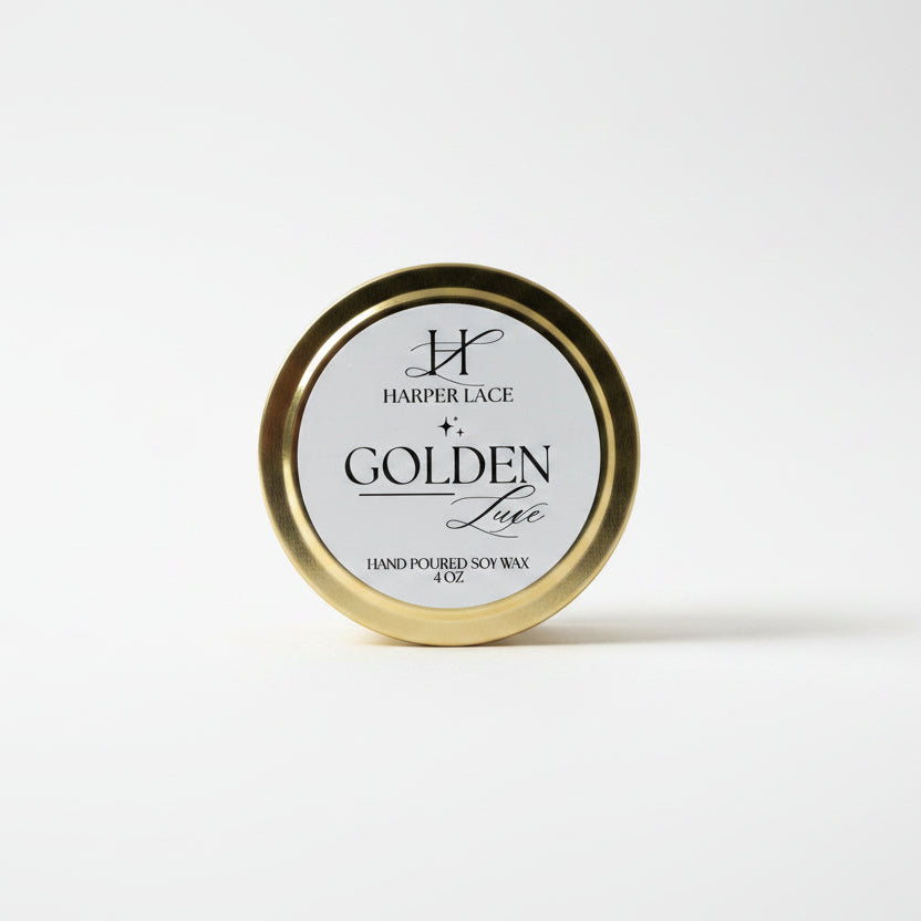 Gold container with 'Golden Lace' branding on a textured white background