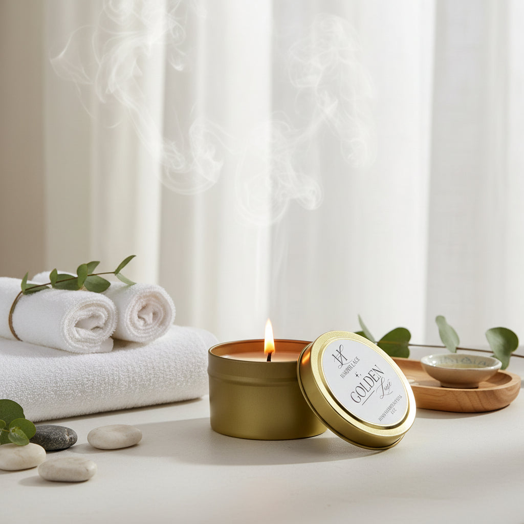 Gold candle tin with a white candle inside on a textured white surface surrounded by towels and rocks in a spa-like setting