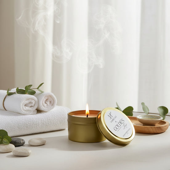 Gold candle tin with a white candle inside on a textured white surface surrounded by towels and rocks in a spa-like setting
