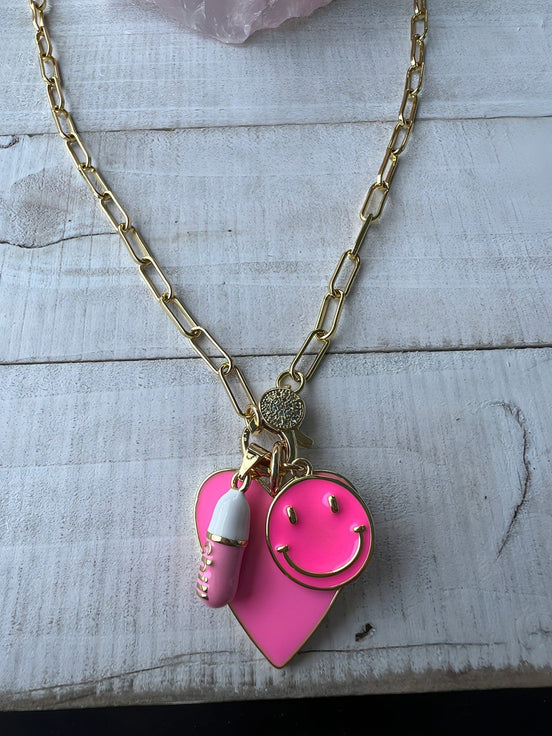 Pink heart/happy face/chill pill gold plated stainless bling clasp paperclip chain necklace