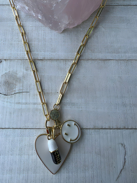 White heart/smiley face charm/black/white chill pill charm, 14K gold plated stainless bling clasp paperclip chain necklace