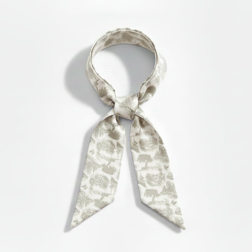 Grey/Beige (greige) floral toile patterned scarf on a white background