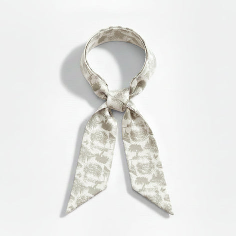 Grey/Beige (greige) floral toile patterned scarf on a white background