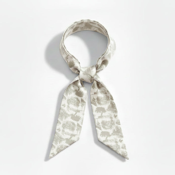 Grey/Beige (greige) floral toile patterned scarf on a white background