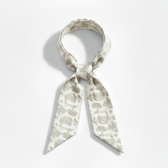 Grey/Beige (greige) floral toile patterned scarf on a white background