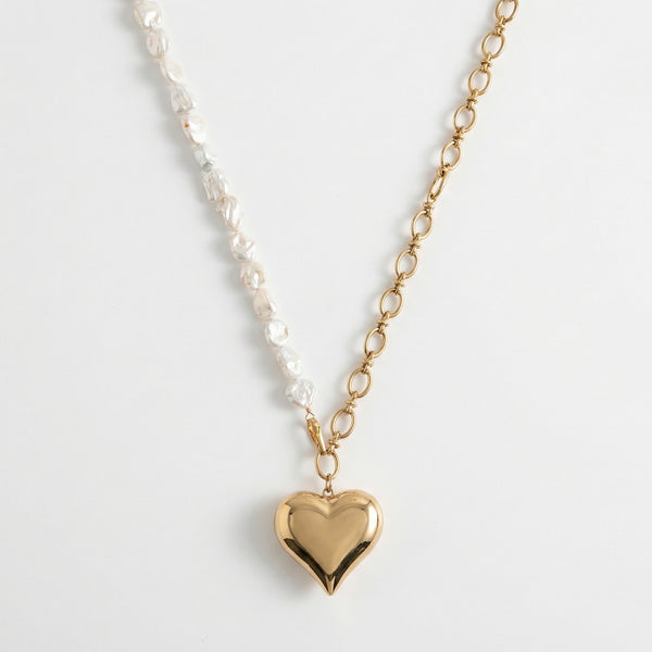 Pearl Heart Chain Necklace | Gold Heart & Pearl Pendant Necklace