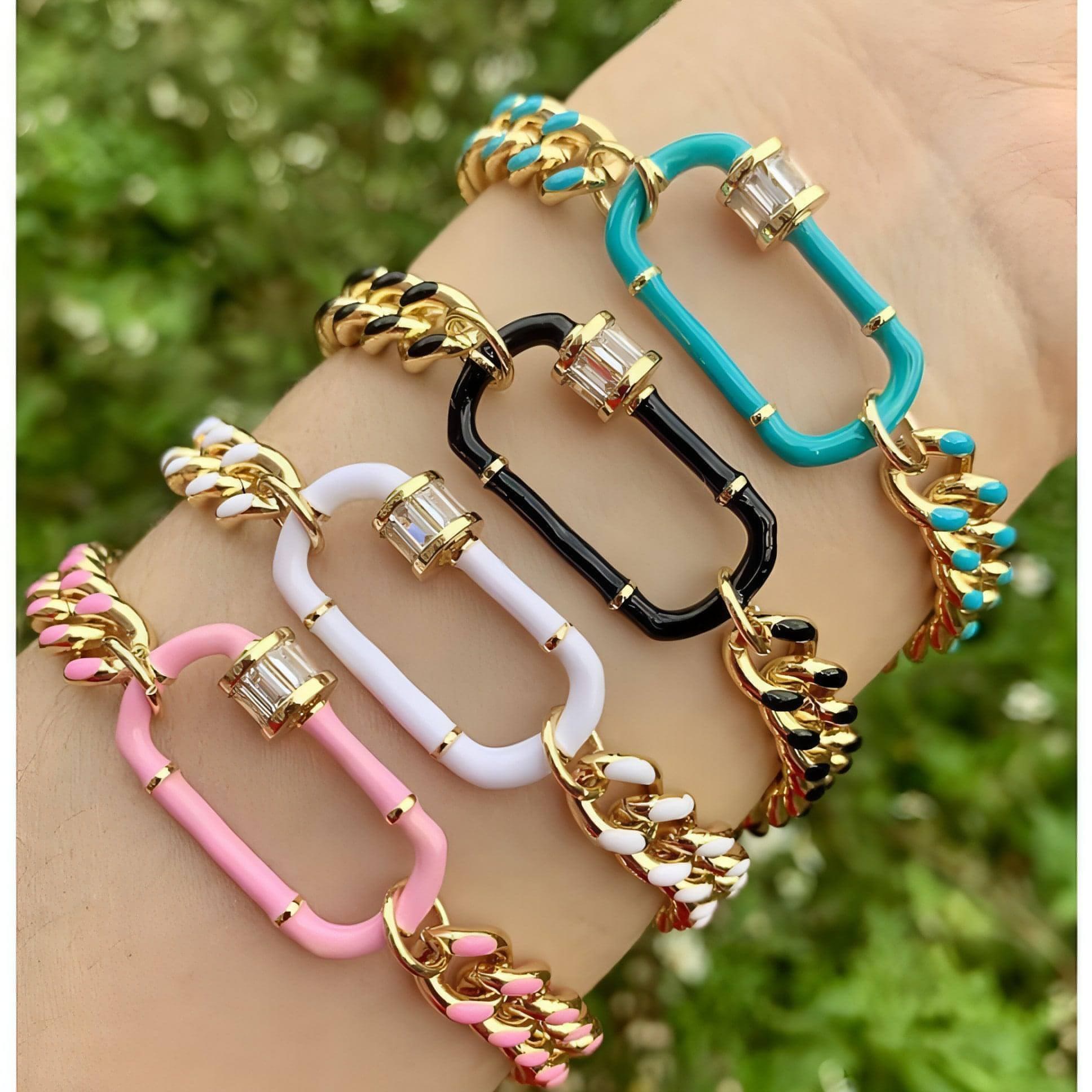 Gold, teal, black, white, pink carabiner bracelets