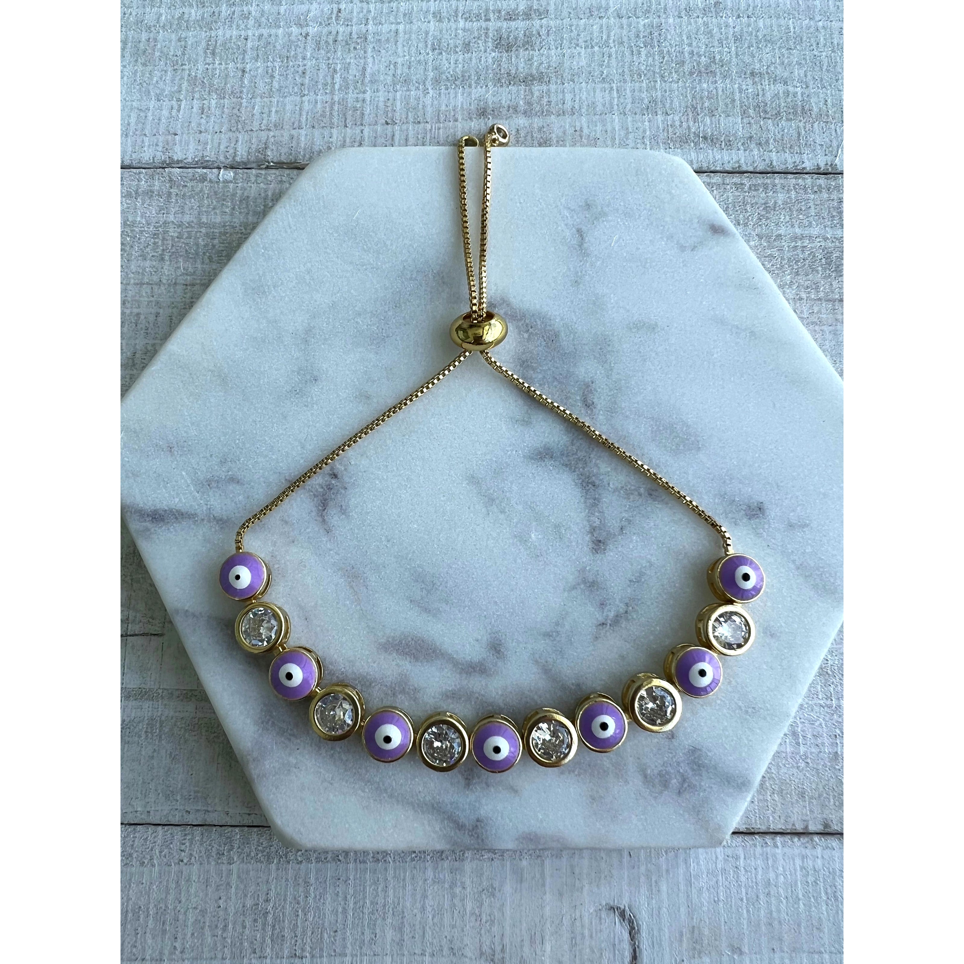 Lavender Purple Gold Evil Eye Adjustable 14k gold plated bracelet