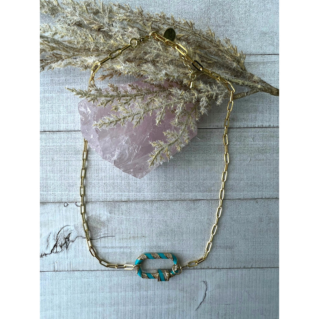 Teal Blue-Green/Gold stripe carabiner clasp 14k gold plated stainless paperclip chain necklace