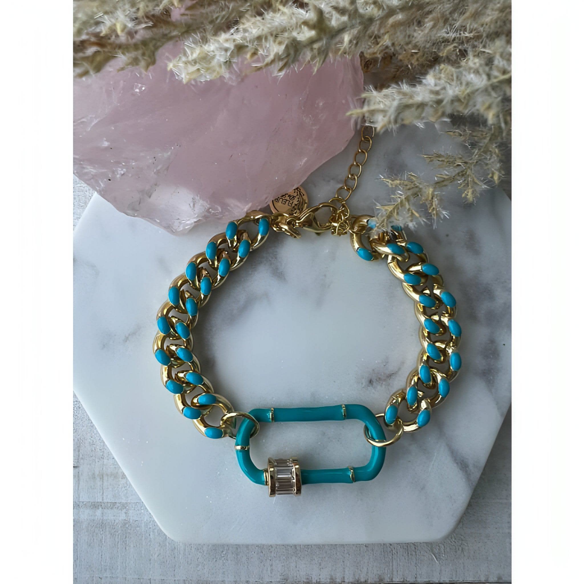 Gold/Teal chain carabiner clasp bracelet