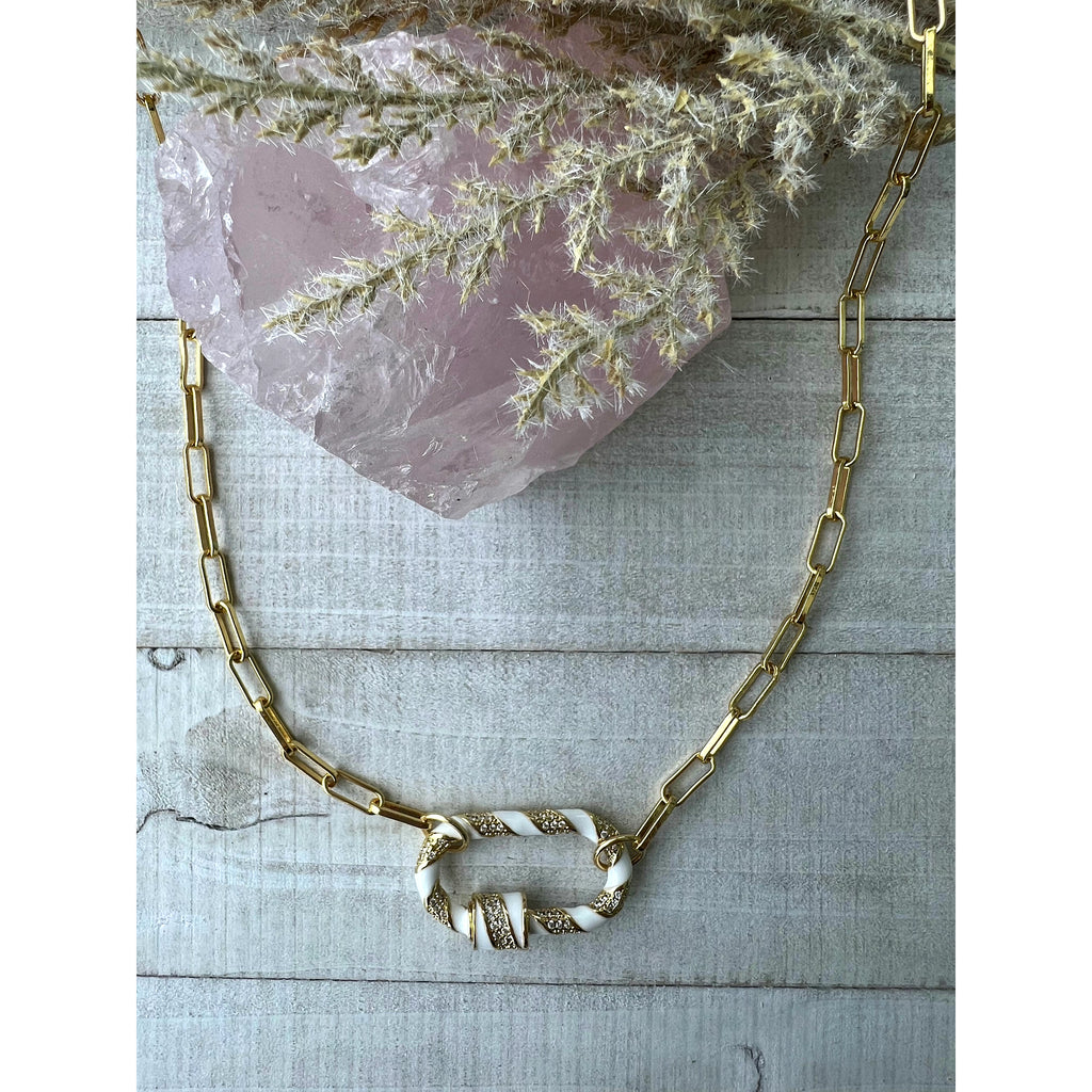White/Gold stripe carabiner clasp 14k gold plated stainless paperclip chain necklace