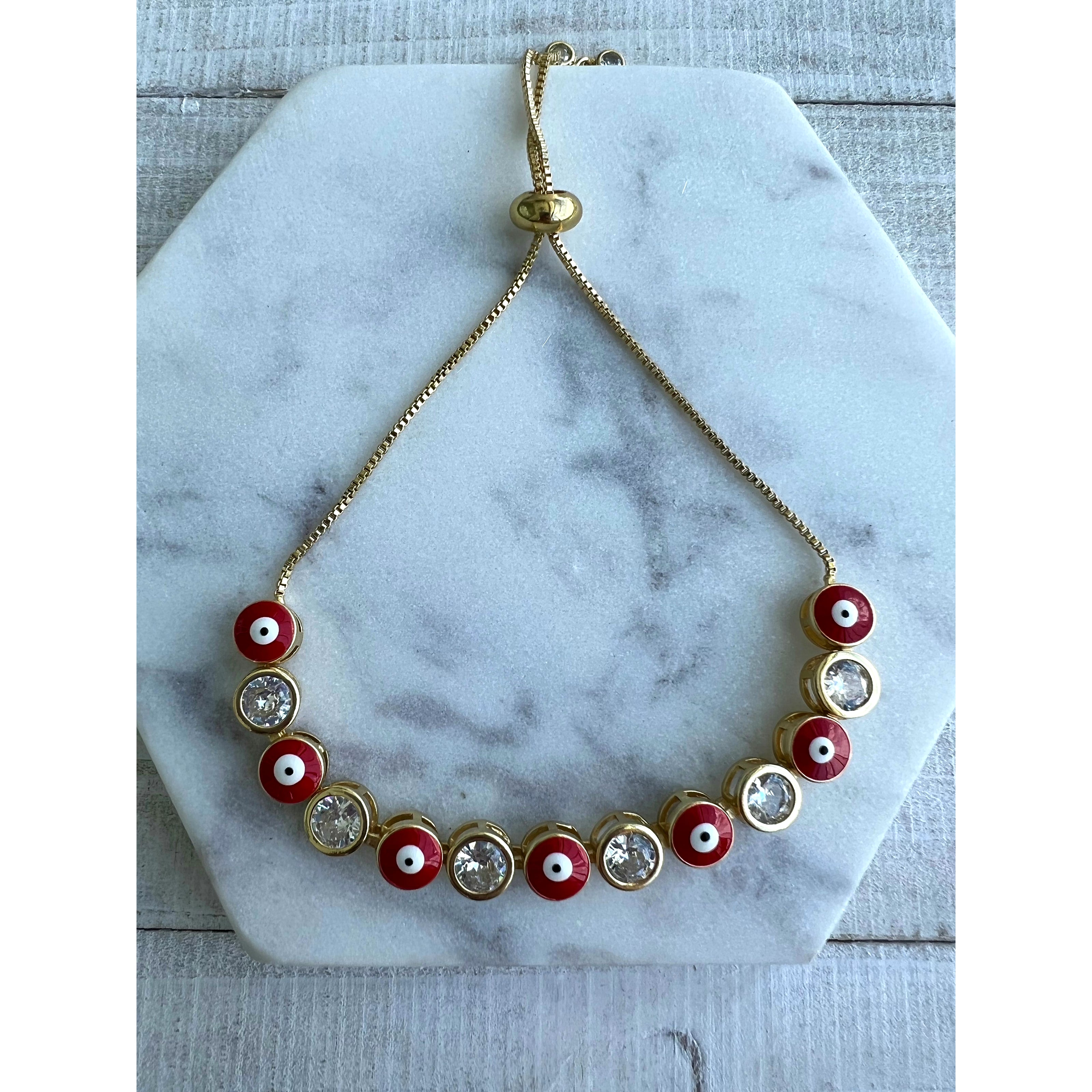 Red Gold Evil Eye Adjustable 14k gold plated bracelet