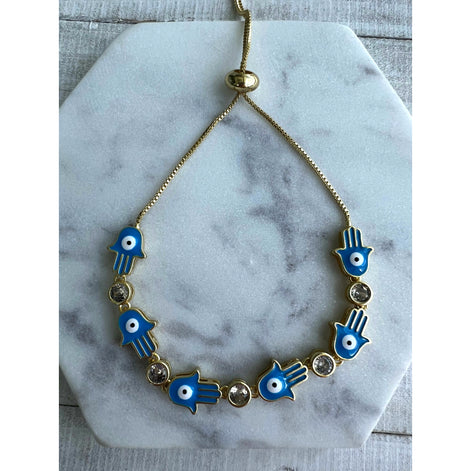 Ocean Blue Gold Evil Eye Hamsa Hand Adjustable 14k gold plated bracelet