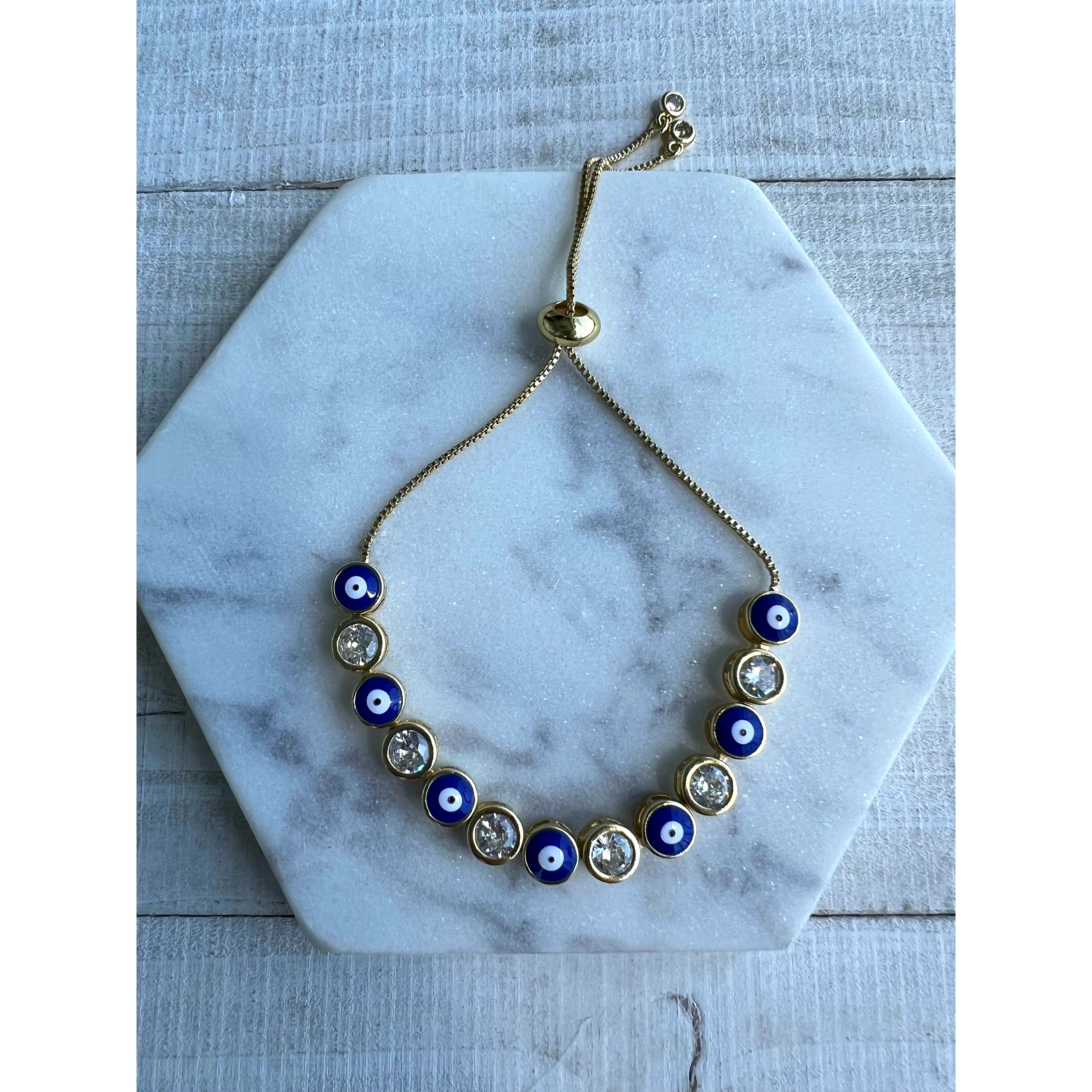 Midnight Blue Gold Evil Eye Adjustable 14k gold plated bracelet
